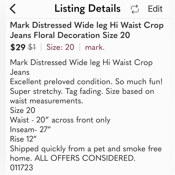 Mark Distressed Wide leg Hi Waist Crop Jeans Floral Decoration Size 20 - Picture 2 of 12